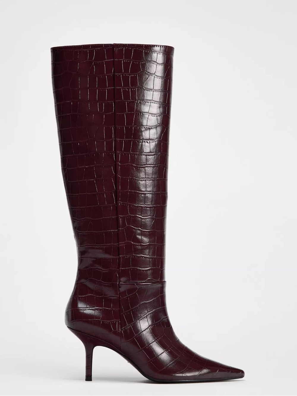 Zara Thin Heel Embossed Boot Burgundy Red NWT